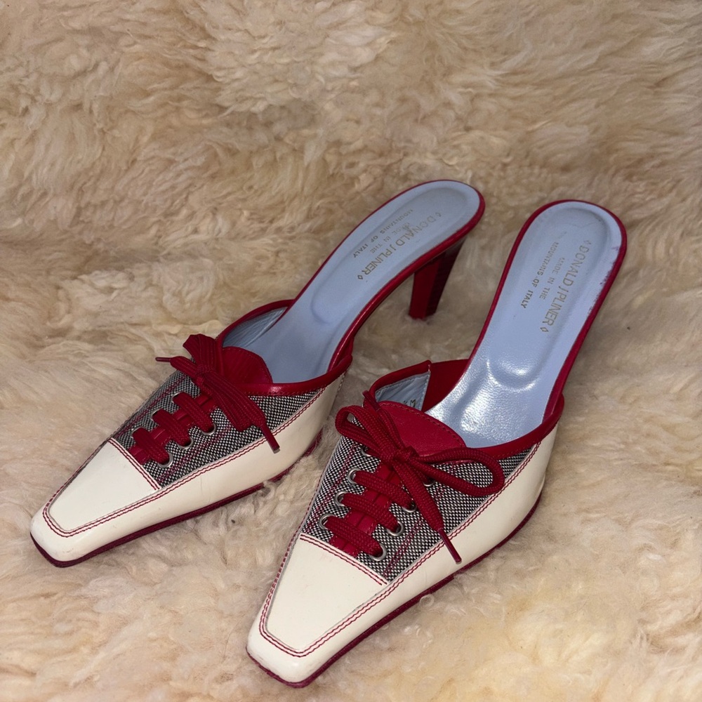 Donald J. Pliner Red and Cream Mules with Open Back and Flower Embellishment